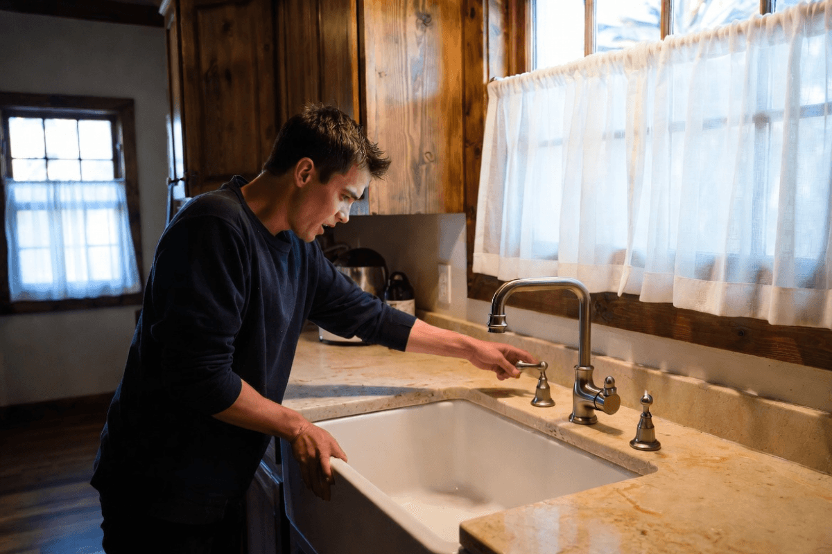 Person at a kitchen sink turning on the faucet with a concerned expression, no water coming out
